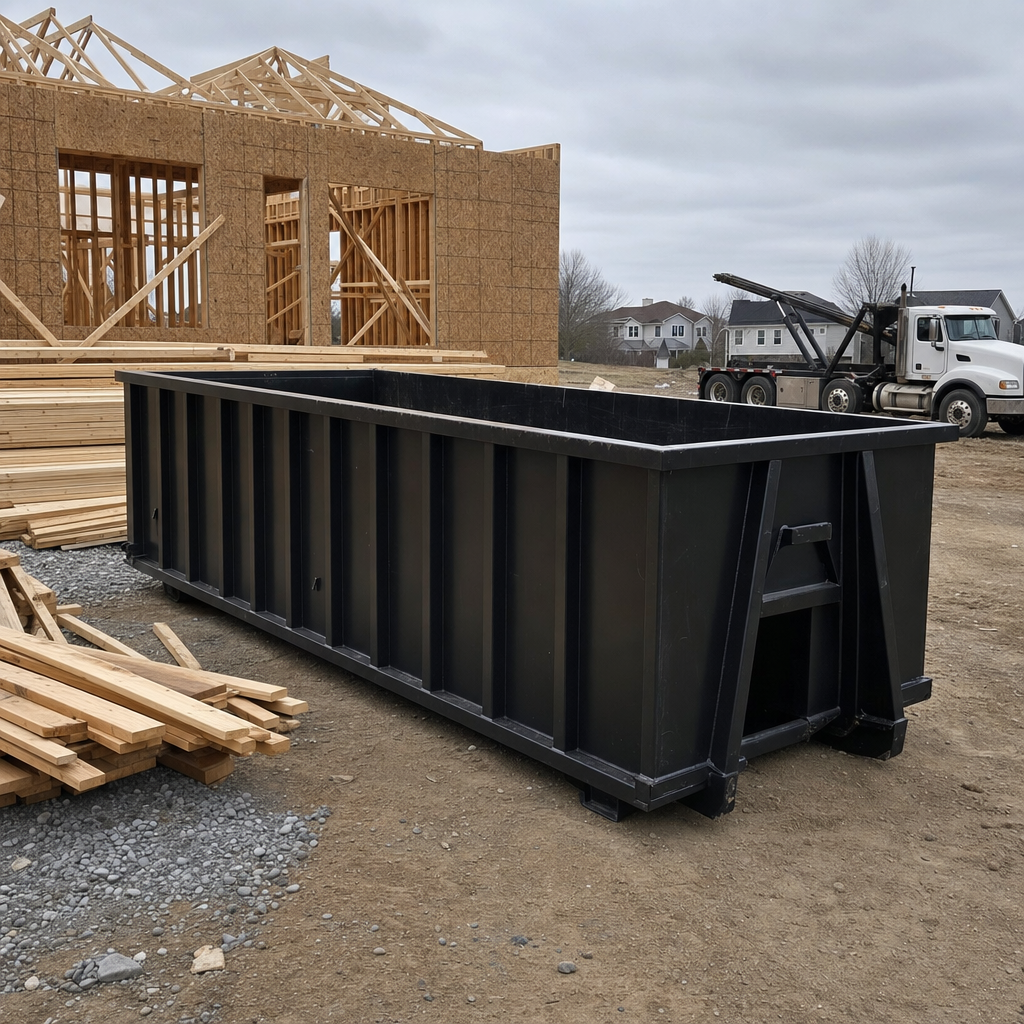 Matte-black 40-yard roll-off dumpster staged on a framed-out residential construction site in Chicago, framing lumber stacked nearby, hooklift delivery truck visible in the background under bright Colorado daylight