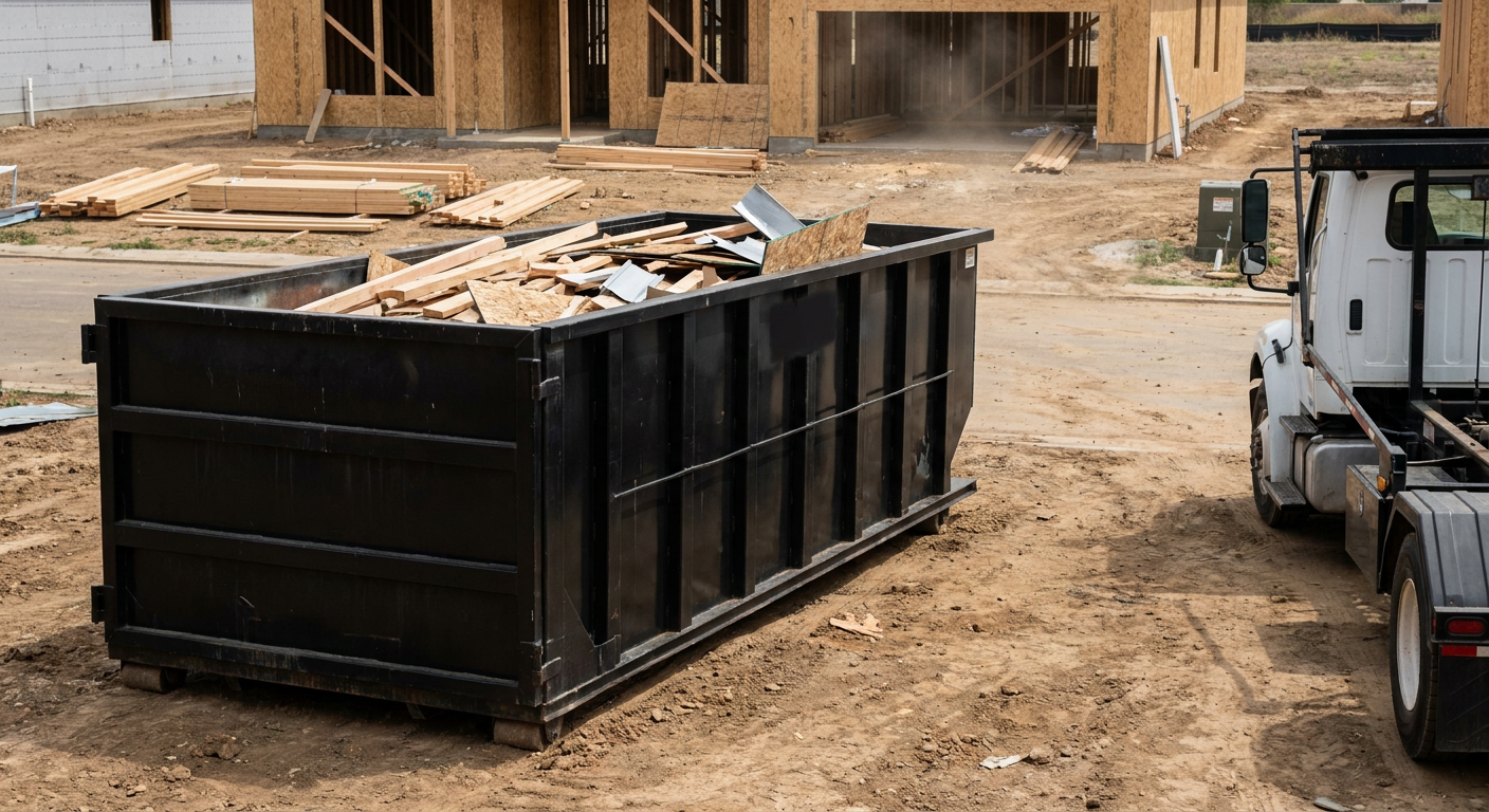 Matte-black 20-yard roll-off construction dumpster with heavy ribbed steel sidewalls and swing rear doors at a working jobsite in Chicago, sitting directly on compacted dirt with an unmarked white hauler partially visible at the far edge of the frame.