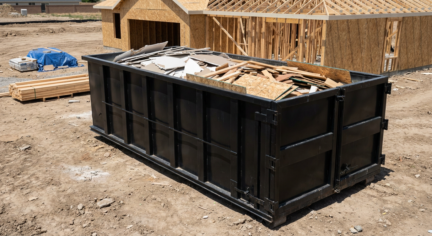 Matte-black 30-yard roll-off construction dumpster sitting directly on the compacted-dirt site of a framed single-family home build in Chicago, drywall and lumber scrap loaded inside.