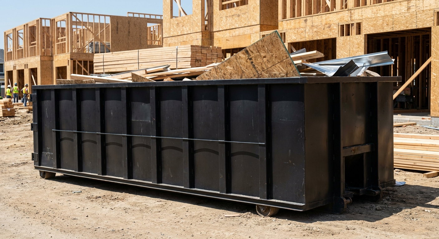 Matte-black 40-yard roll-off construction dumpster being lowered from a white-cab hooklift delivery truck onto the compacted-dirt jobsite at a commercial build site in Chicago