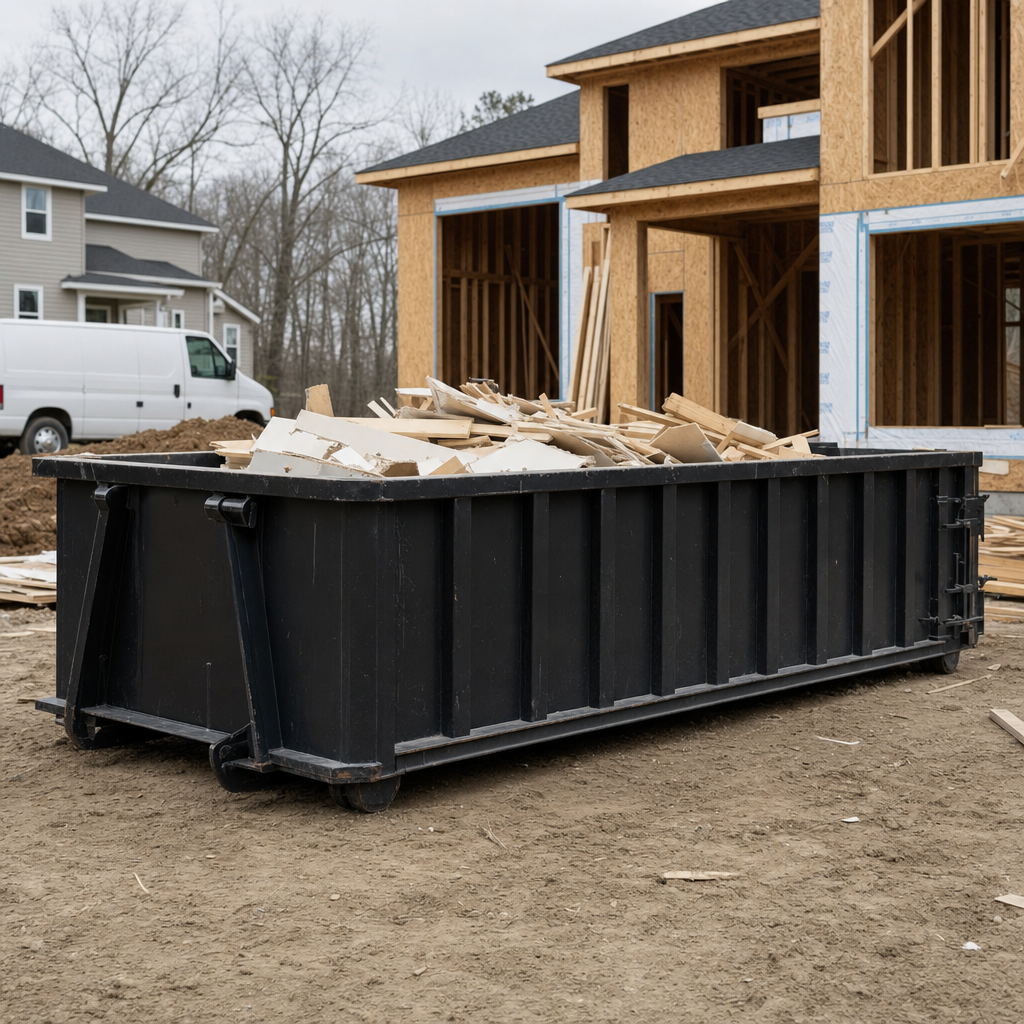 Worker in a yellow high-visibility vest tossing framing lumber and broken drywall into a matte-black 30-yard construction roll-off dumpster on an active build site in Chicago, bright daylight