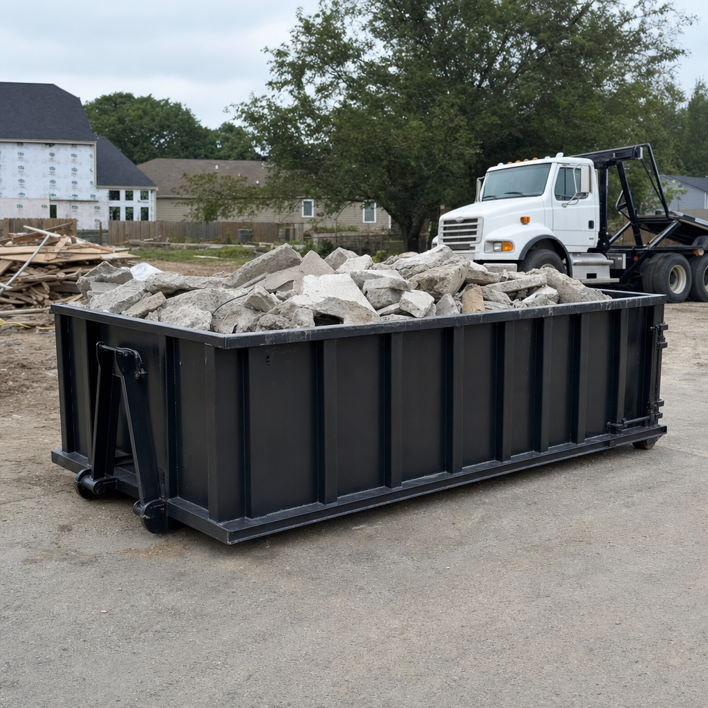 Low-profile matte-black lowboy roll-off dumpster loaded with broken concrete slab and rebar at a foundation tear-out in Chicago, skid steer parked beside it, sunny Colorado morning