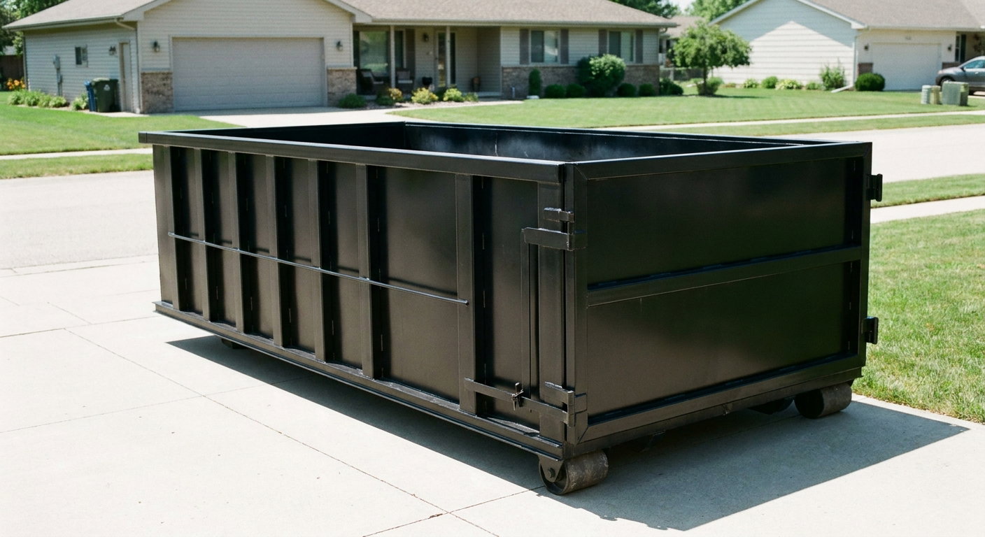 Matte-black 10-yard roll-off dumpster on a residential concrete driveway in Chicago, uniformly painted matte black across every panel and rail, ribbed steel sidewalls and rear swing door visible, mid-day daylight.