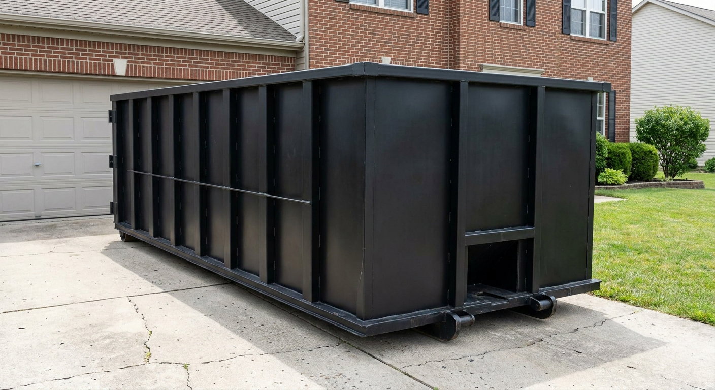 Matte-black 20-yard roll-off container on a Chicago residential concrete driveway with reinforced ribbed steel sidewalls and a hinged rear walk-in door, clean bright daylight.
