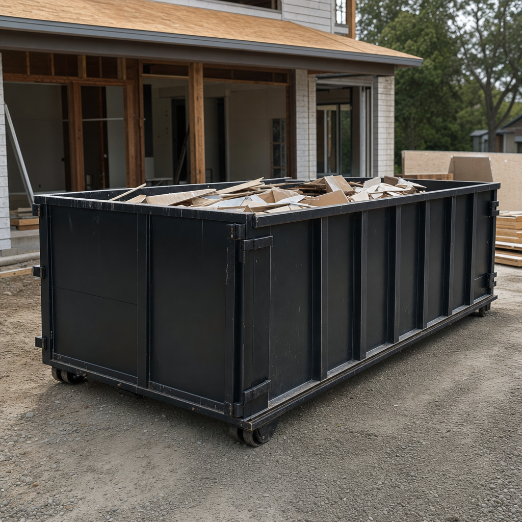 Large matte-black 30-yard construction roll-off dumpster at an active Chicago jobsite, steel-gray top rails and bottom rollers visible, loaded with construction debris.