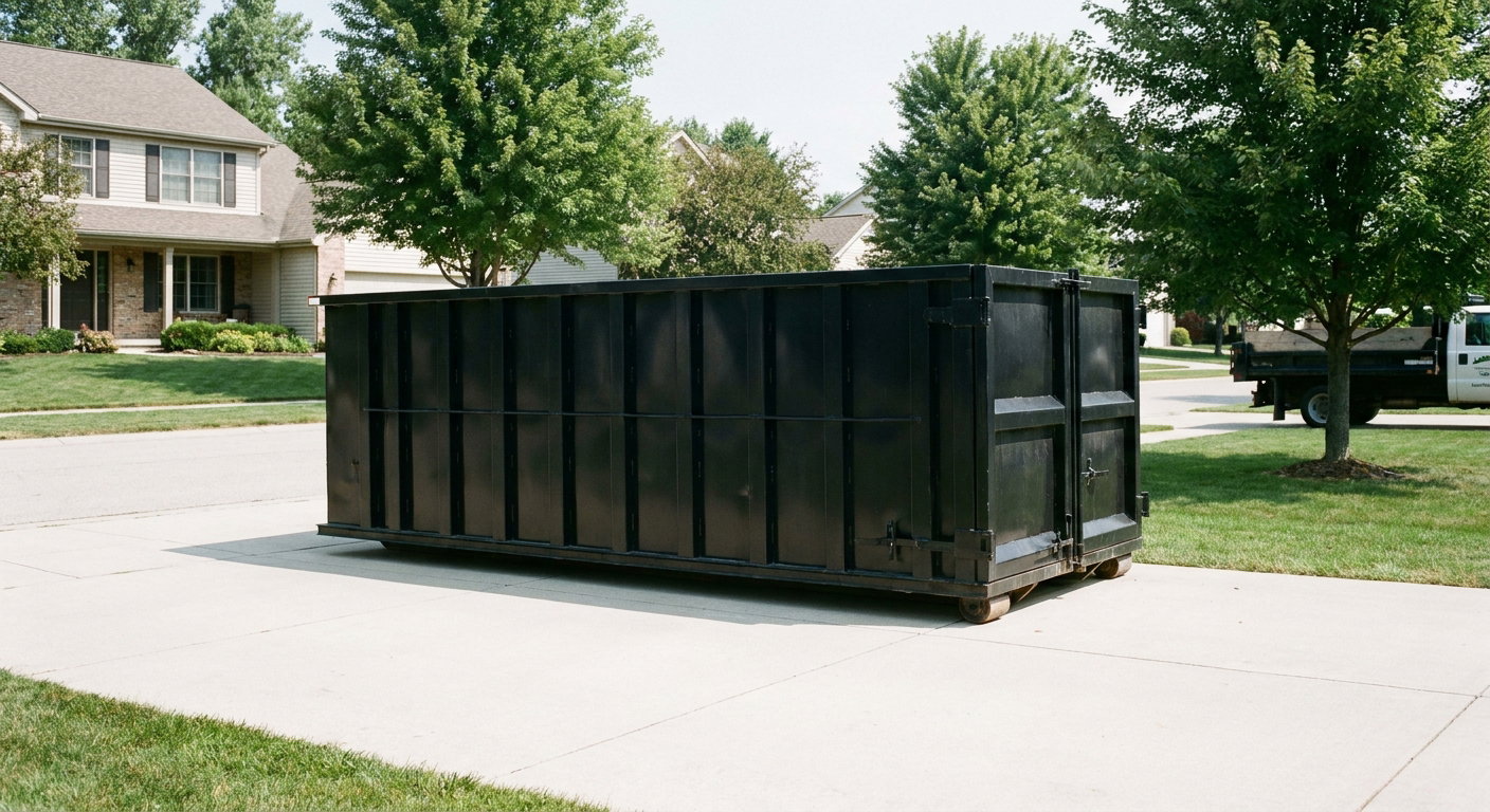 Matte-black 20-yard roll-off dumpster sitting level on a clean Chicago residential concrete driveway under bright daylight, demonstrating clean placement directly on the concrete.