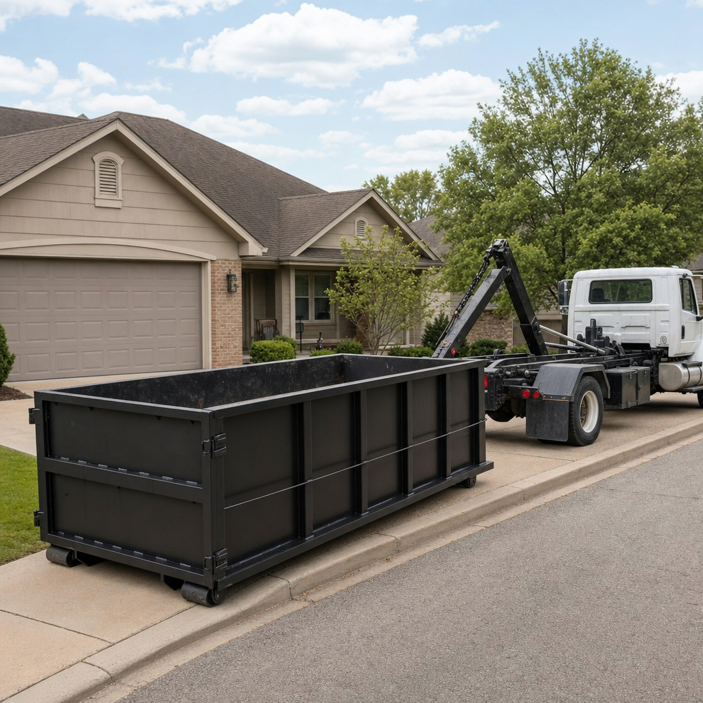 Wide documentary shot of a matte-black roll-off dumpster on a Chicago residential driveway in the foreground and a contractor jobsite container in the soft-focus background, bright daylight, calm and orderly composition.