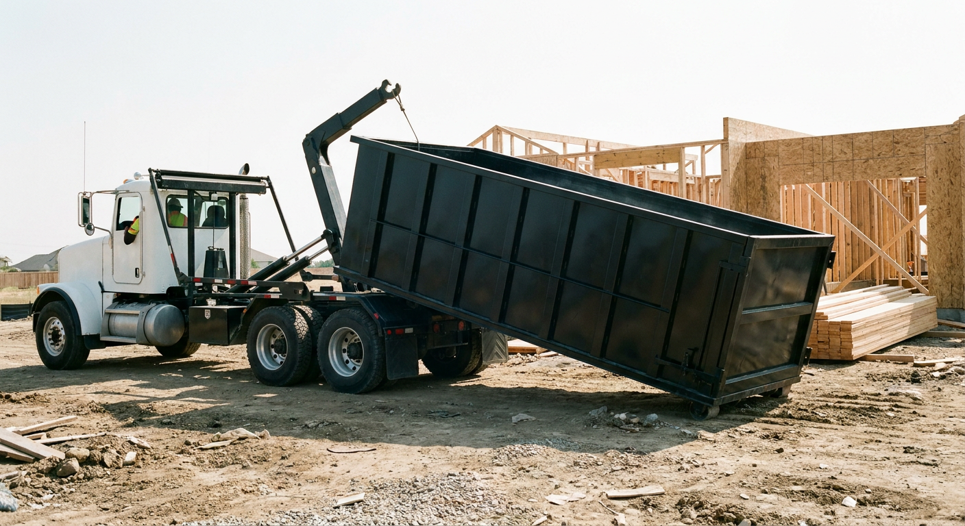 Matte-black roll-off dumpster being delivered onto a clean residential concrete driveway in Chicago by an unmarked white hooklift hauler truck, bright morning daylight, documentary 35mm perspective.