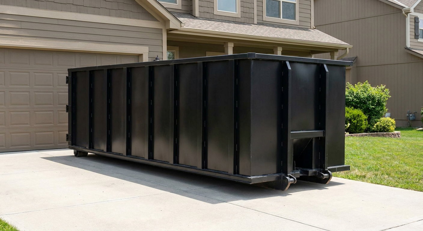 Matte-black residential roll-off dumpster sitting directly on a suburban Chicago concrete driveway, garage door closed, single-family home in background, bright morning daylight.