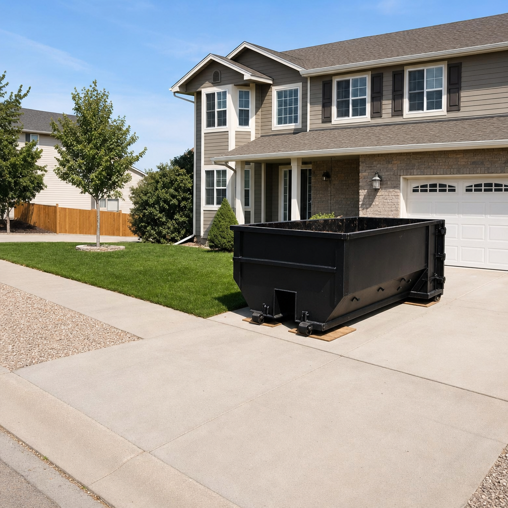10-yard matte-black residential dumpster placed directly on a narrow Chicago concrete driveway, room remains for a parked sedan beside it, mid-morning natural light
