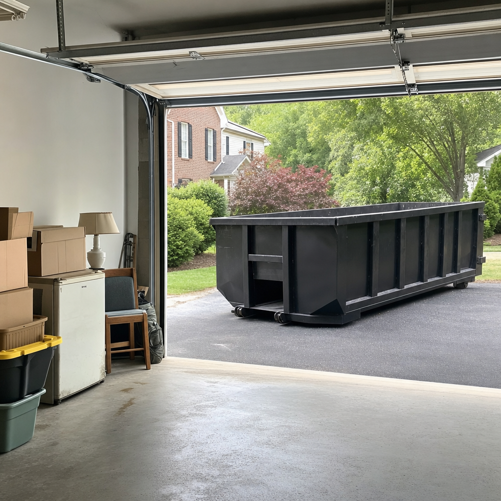 Open garage interior in a Chicago home mid-cleanout — boxed items, an old appliance, and stacked yard tools queued near the driveway for a matte-black roll-off dumpster, organized and calm