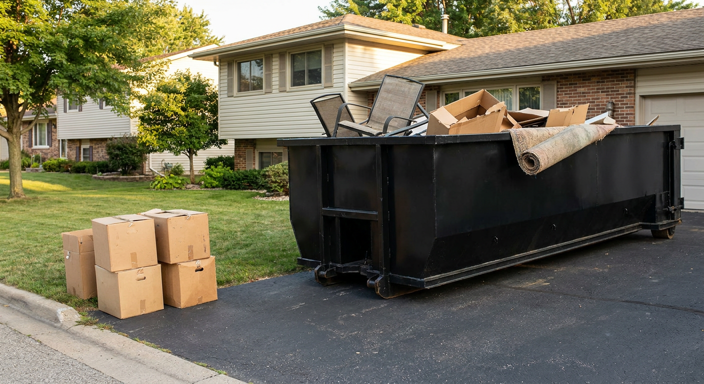 Front-yard view of a Chicago split-level home with a 20-yard matte-black roll-off dumpster sitting directly on the asphalt driveway, a few clearly labeled donation boxes staged at the curb, calm sunny afternoon.