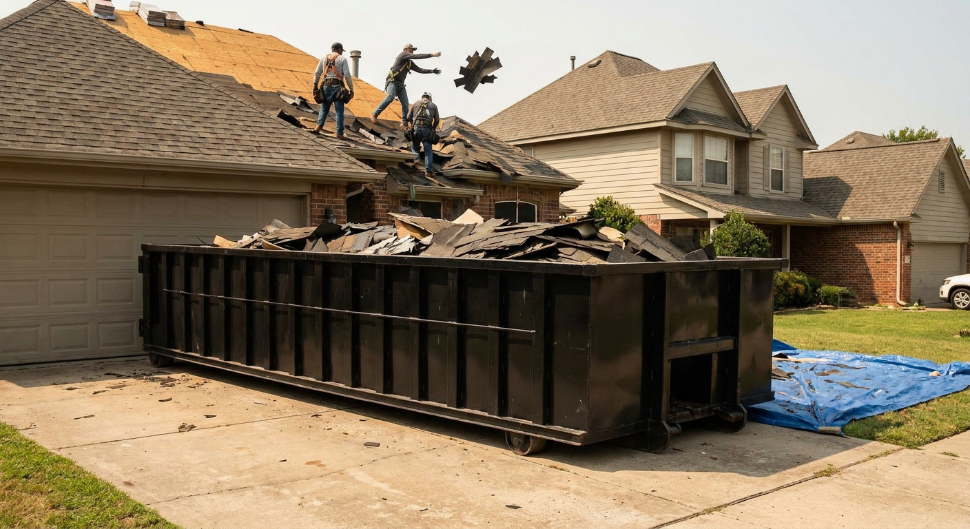 Matte-black roofing roll-off dumpster placed directly on a Chicago residential concrete driveway, a tear-off crew on a two-story asphalt-shingle roof tossing shingle bundles into the low-walled container, bright daylight, documentary 35mm perspective.