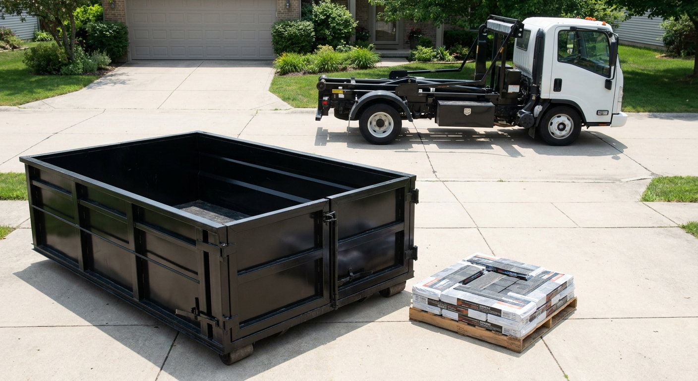 Matte-black 15-yard roofing roll-off dumpster with reinforced low side walls sitting directly on a Chicago residential concrete driveway, three-tab asphalt shingle bundles stacked nearby, an unmarked white hauler truck partially visible at the edge of the frame.