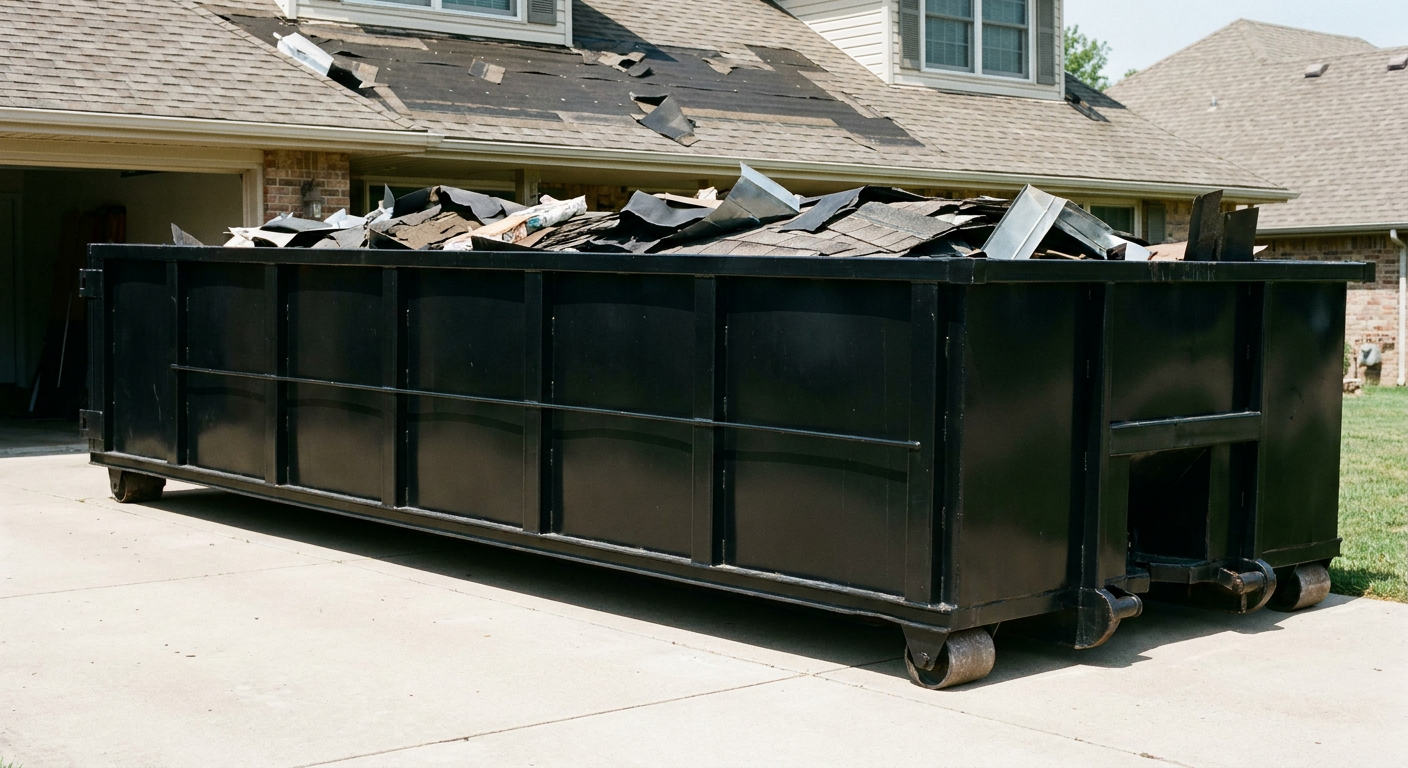 Matte-black 20-yard roofing roll-off dumpster with steel ribbed sides and swinging rear door, sitting directly on the concrete driveway of a two-story Chicago home, asphalt shingle debris being loaded over the low wall, clean documentary lighting.