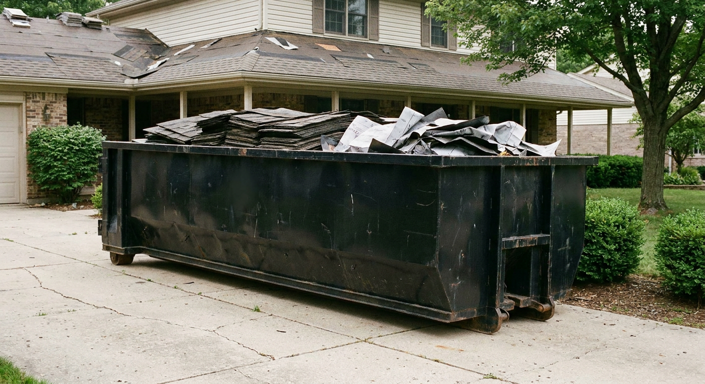 Matte-black 30-yard roofing roll-off dumpster sitting directly on a Chicago concrete driveway, taller ribbed steel side panels, mixed tear-off debris of asphalt shingles and underlayment inside, professional documentary daylight.