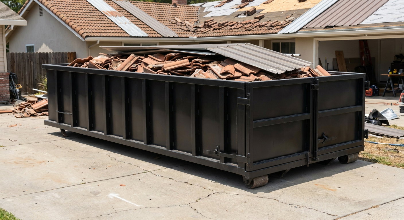 Matte-black low-wall heavy-debris roofing roll-off dumpster sitting directly on a Chicago concrete driveway, broken concrete clay roof tiles and metal panel sections loaded inside, reinforced ribbed steel side walls visible, bright outdoor daylight.