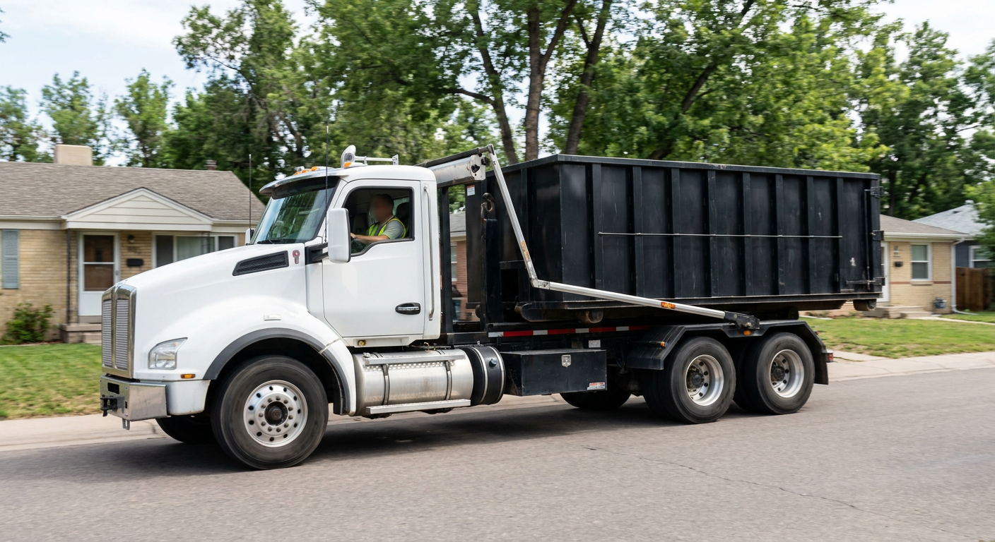 A wide documentary shot of a matte-black roll-off delivery truck pulling onto a quiet Chicago residential street at mid-morning, with neighborhood rooftops and tree-lined blocks visible behind, showing the metro coverage footprint.