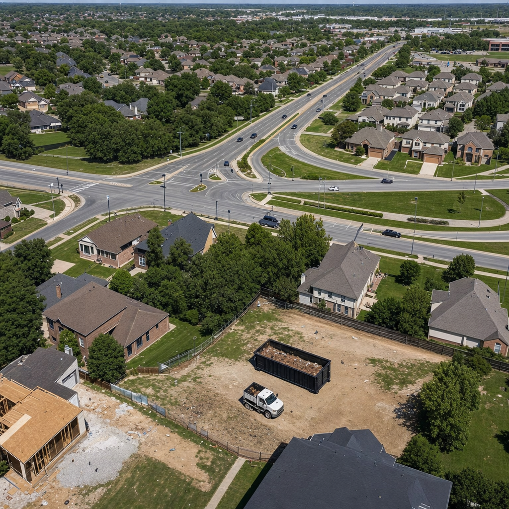 An overhead documentary view of the Chicago metro area at midday, showing the spread of neighborhoods, arterial roads, and the dispatch radius from a central yard — clean daylight, organized geographic layout.