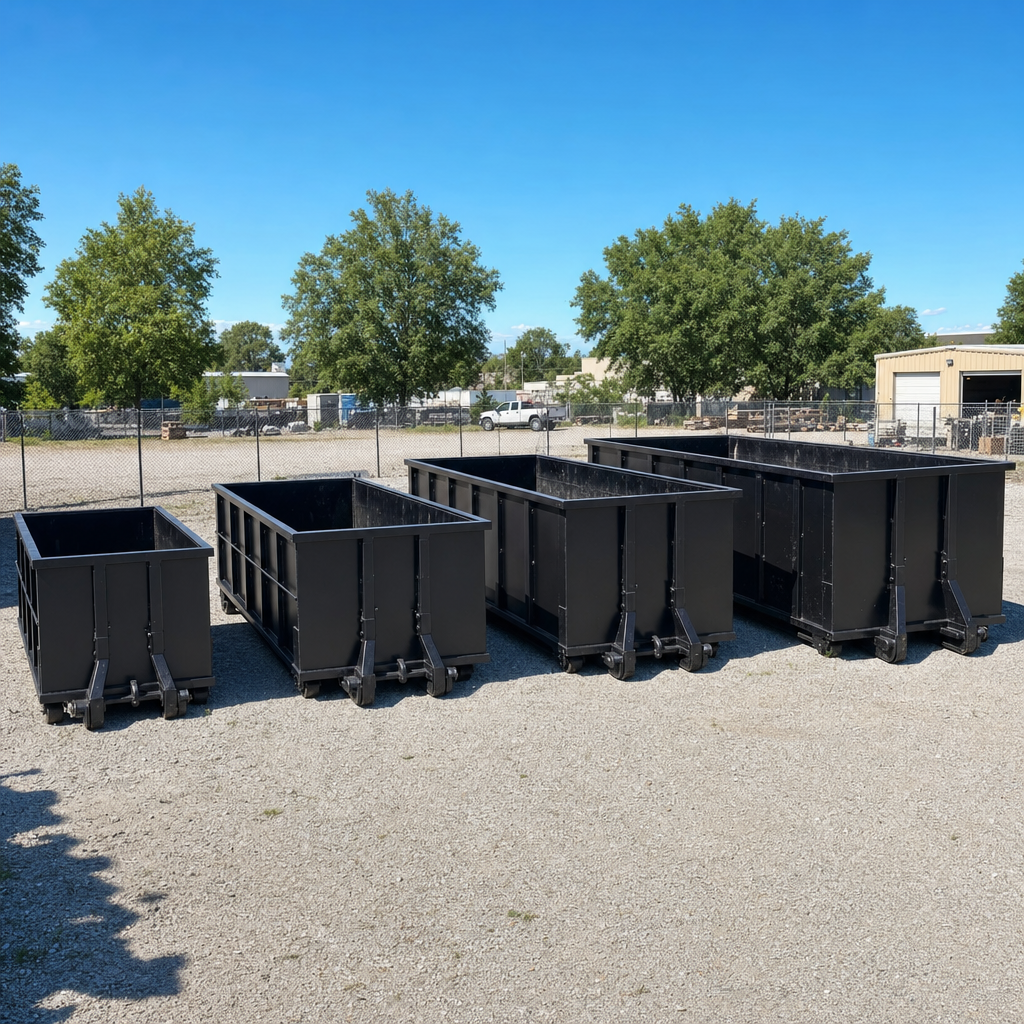 A clean lineup of matte-black roll-off dumpsters in 10, 20, 30, and 40-yard sizes staged on a sunlit gravel yard in Chicago, showing the size progression from compact to commercial-scale containers.