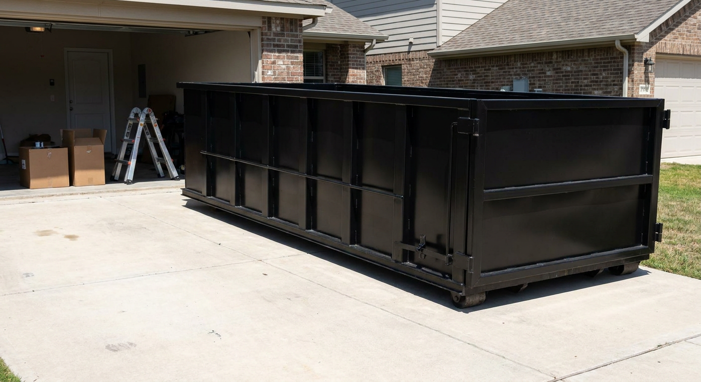 A matte-black 10-yard roll-off dumpster sitting directly on a residential Chicago concrete driveway, mid-day sunlight, clean and ready for a garage cleanout.
