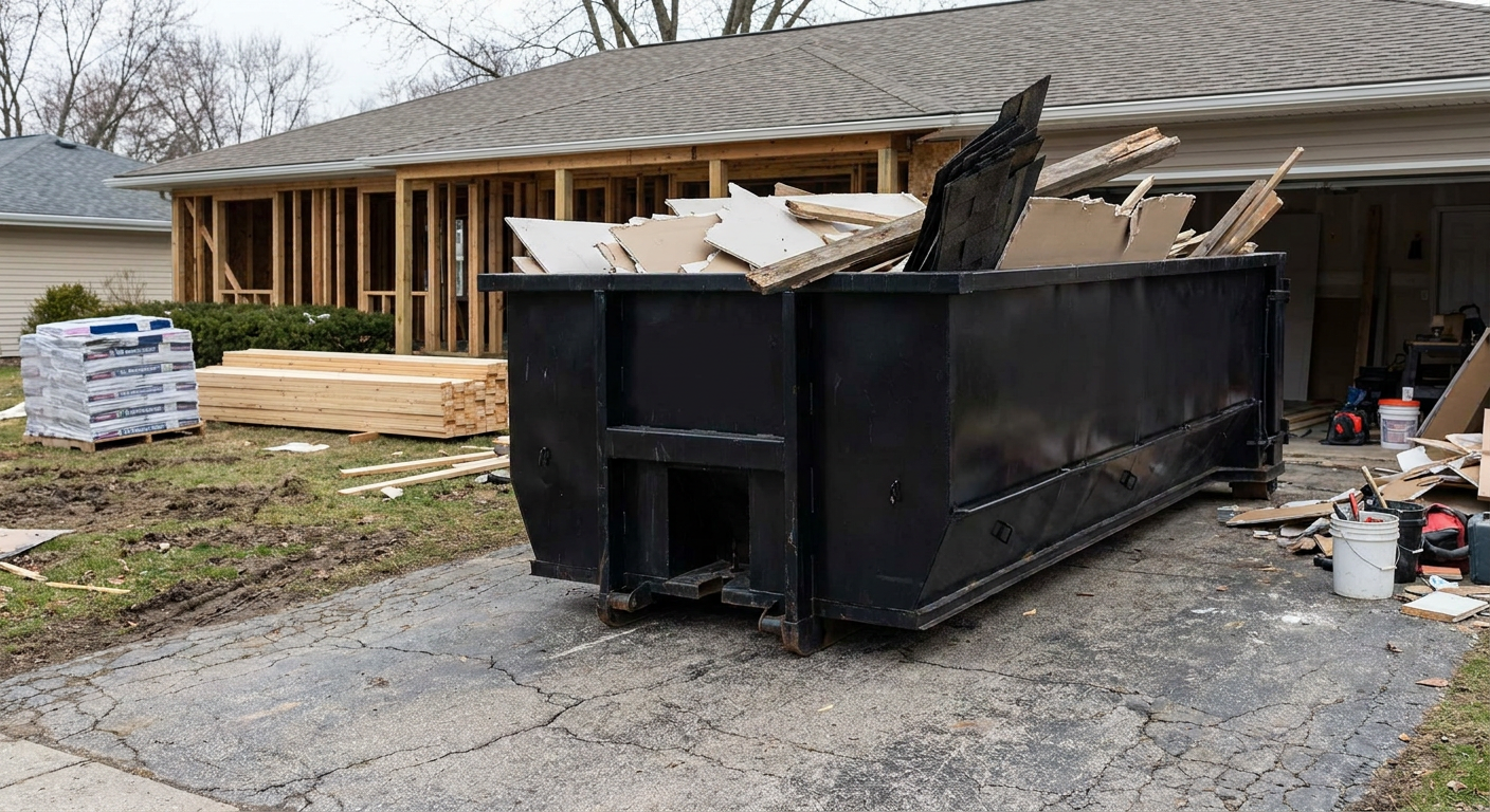 A matte-black 20-yard roll-off dumpster placed alongside a mid-renovation Chicago home directly on the asphalt driveway, with framing materials and torn-off shingles staged neatly nearby.