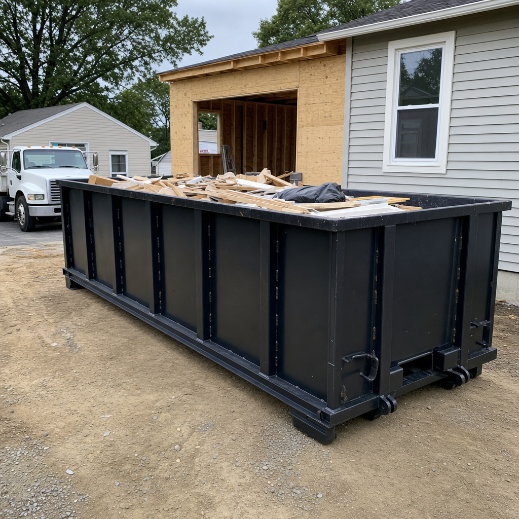 A matte-black 30-yard roll-off dumpster positioned at a Chicago residential addition jobsite, with framing lumber and drywall scraps loaded through the open swinging rear doors.