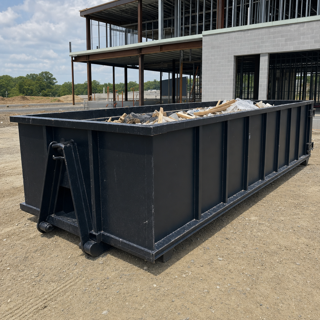 A matte-black 40-yard roll-off dumpster staged on a large Chicago commercial construction lot, with a hooklift delivery truck parked alongside under bright midday sky.