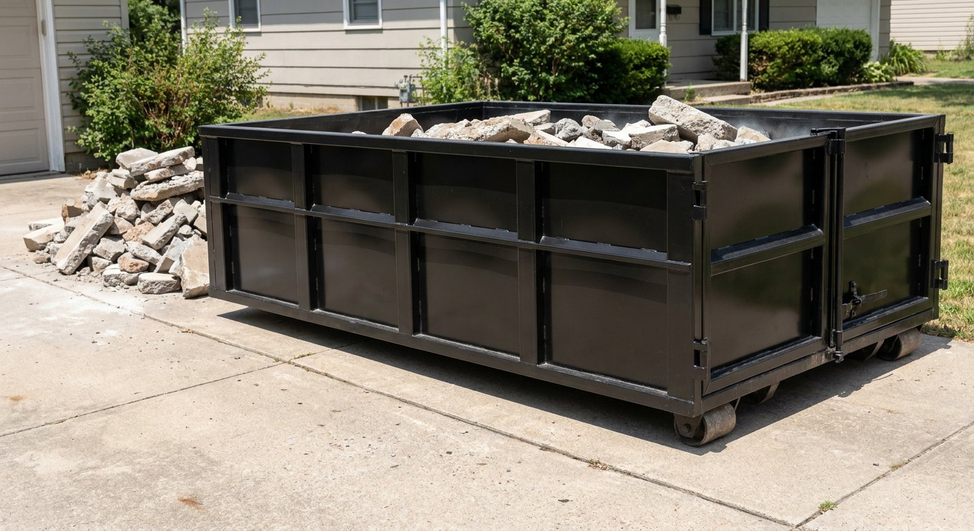 A matte-black low-side heavy-debris roll-off dumpster placed directly on a Chicago concrete driveway, with broken concrete chunks neatly stacked beside it under clean daylight.